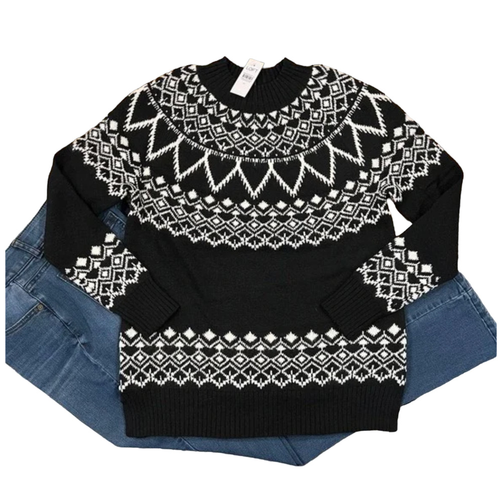 NWT LOFT Black & White Fair Isle Mock Neck Tunic Sweater - SIZE MEDIUM